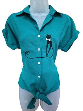 Roshop Rare Vibrant Teal & Embroidered Kitty Button-Down Blouse